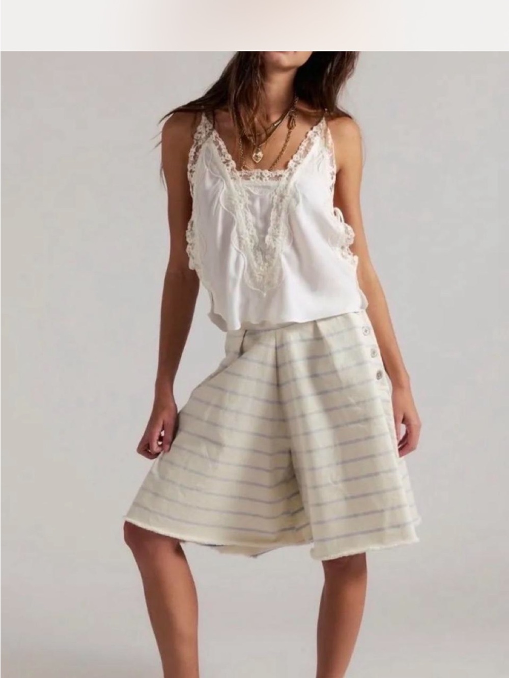 Free People Cream Striped Wide Bermuda Shorts